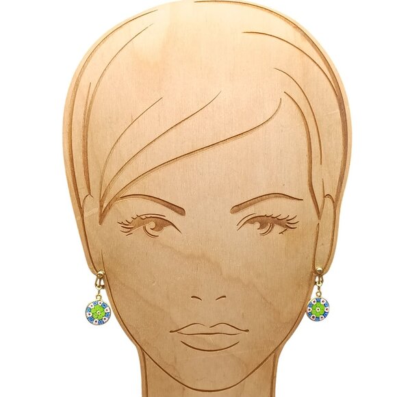 Vintage Millefiori Glass Clip-On Earrings Gold-Tone Floral Design Dangle Drop in - Picture 3 of 4